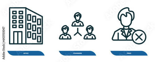 set of 3 linear icons from human resources concept. outline icons such as office, teamwork, fired vector