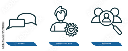 set of 3 linear icons from human resources concept. outline icons such as dialogue, emotional intelligence, recruitment vector