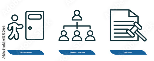 set of 3 linear icons from human resources concept. outline icons such as exit interview, company structure, grievance vector