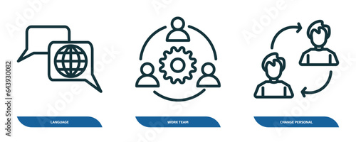 set of 3 linear icons from human resources concept. outline icons such as language, work team, change personal vector