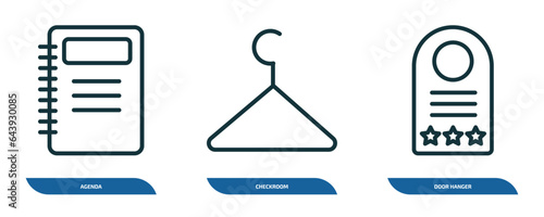 set of 3 linear icons from hotel and restaurant concept. outline icons such as agenda, checkroom, door hanger vector