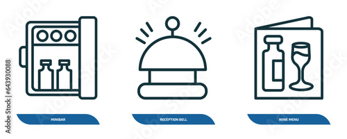 set of 3 linear icons from hotel and restaurant concept. outline icons such as minibar, reception bell, wine menu vector