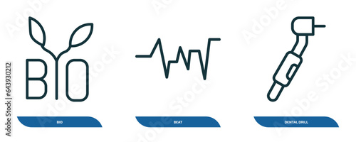 set of 3 linear icons from medical concept. outline icons such as bio, beat, dental drill vector