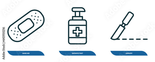 set of 3 linear icons from health and medical concept. outline icons such as band aid, desinfectant, surgery vector