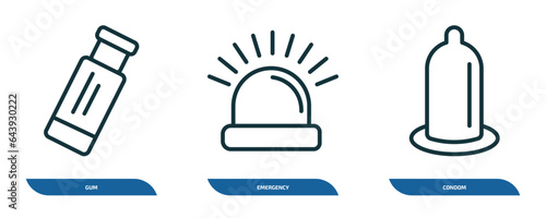 set of 3 linear icons from health and medical concept. outline icons such as gum, emergency, condom vector
