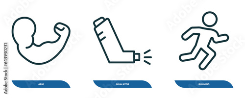 set of 3 linear icons from health and medical concept. outline icons such as arm, inhalator, running vector