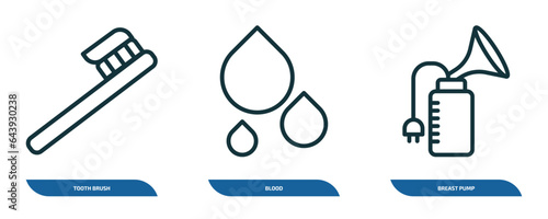 set of 3 linear icons from health and medical concept. outline icons such as tooth brush, blood, breast pump vector
