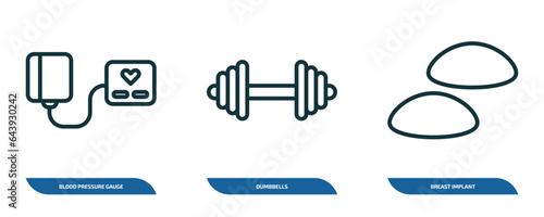 set of 3 linear icons from medical concept. outline icons such as blood pressure gauge, dumbbells, breast implant vector