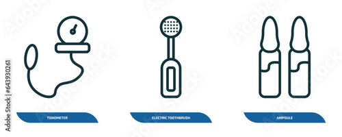 set of 3 linear icons from health and medical concept. outline icons such as tonometer, electric toothbrush, ampoule vector