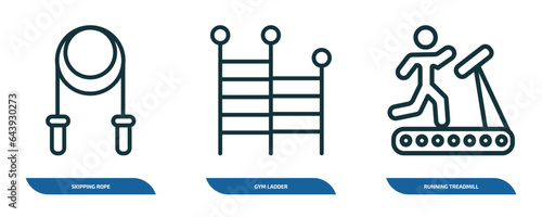 set of 3 linear icons from gym and fitness concept. outline icons such as skipping rope, gym ladder, running treadmill vector