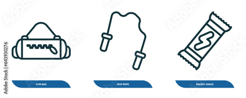 set of 3 linear icons from gym and fitness concept. outline icons such as gym bag, skip rope, energy snack vector