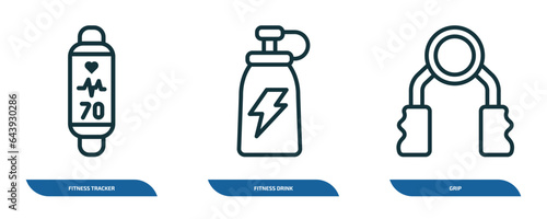 set of 3 linear icons from gym and fitness concept. outline icons such as fitness tracker, fitness drink, grip vector