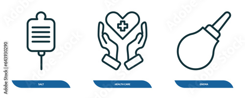 set of 3 linear icons from health and medical concept. outline icons such as salt, health care, enema vector