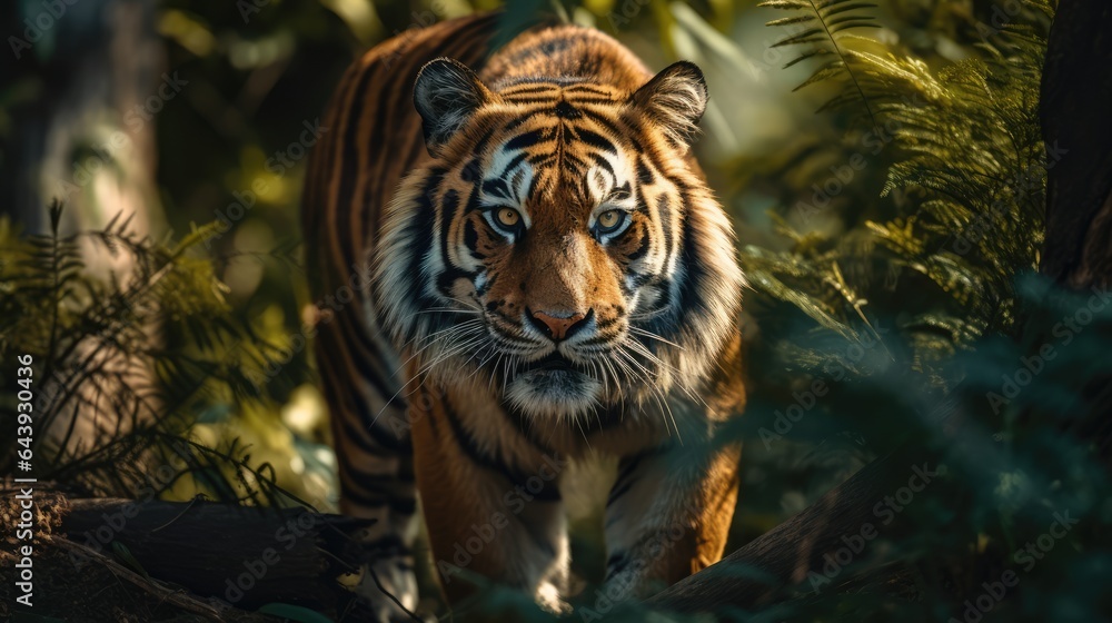 Close up of a tiger walking in the forest. AI generated Image