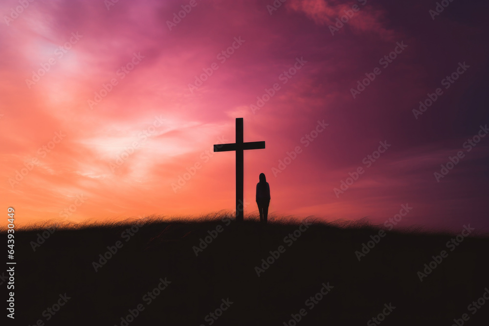 Silhouette of woman standing at the cross over sunset sky background