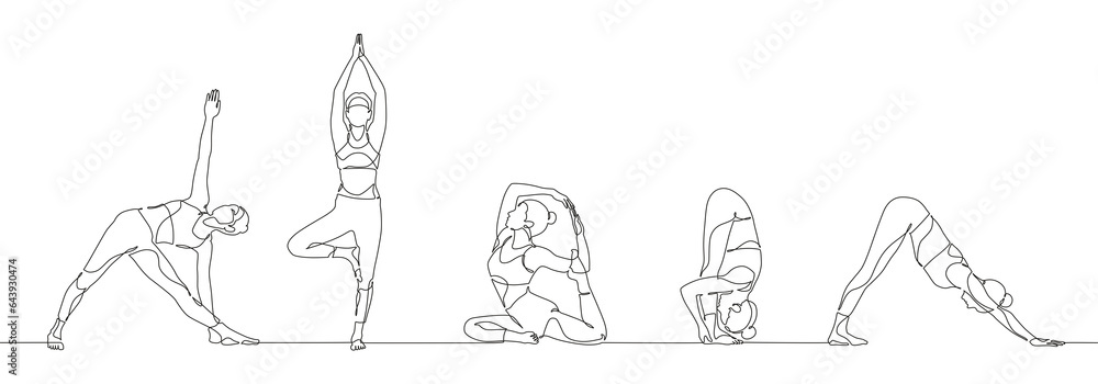 continuous one line drawing group of women doing yoga continuous one line drawing group of women doing yoga