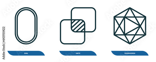 set of 3 linear icons from geometry concept. outline icons such as oval, unite, icosahedron vector