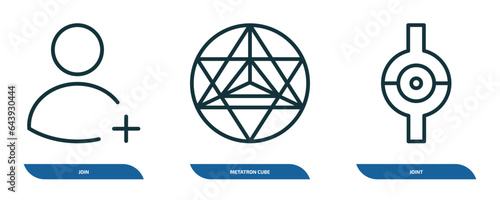 set of 3 linear icons from geometric figure concept. outline icons such as join, metatron cube, joint vector