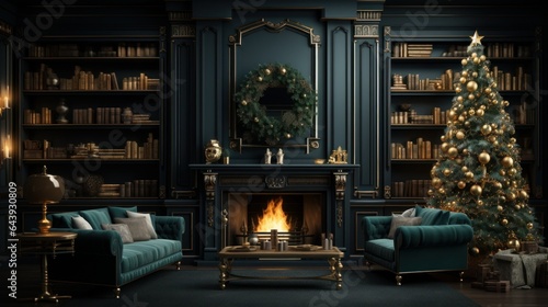 Interior of luxury art-deco living room with Christmas decor in green and gold. Blazing fireplace, wreath, garlands and candles, elegant Christmas tree, comfortable cushioned furniture, bookcase.