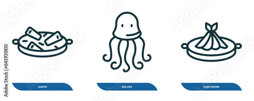 set of 3 linear icons from food concept. outline icons such as guotie, sea life, fuqi feipian vector