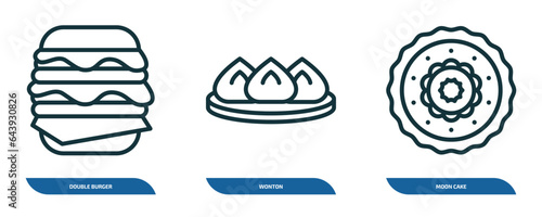 set of 3 linear icons from food and restaurant concept. outline icons such as double burger, wonton, moon cake vector