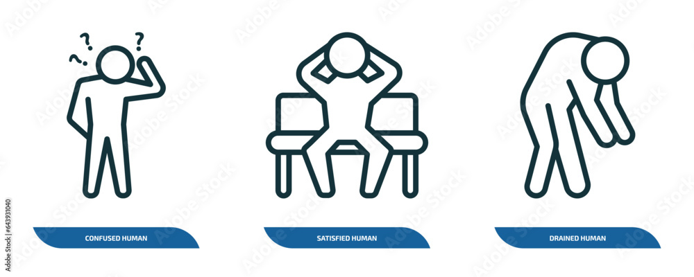set of 3 linear icons from feelings concept. outline icons such as confused human, satisfied human, drained human vector set of 3 linear icons from feelings concept. outline icons such as confused human, satisfied human, drained human vector