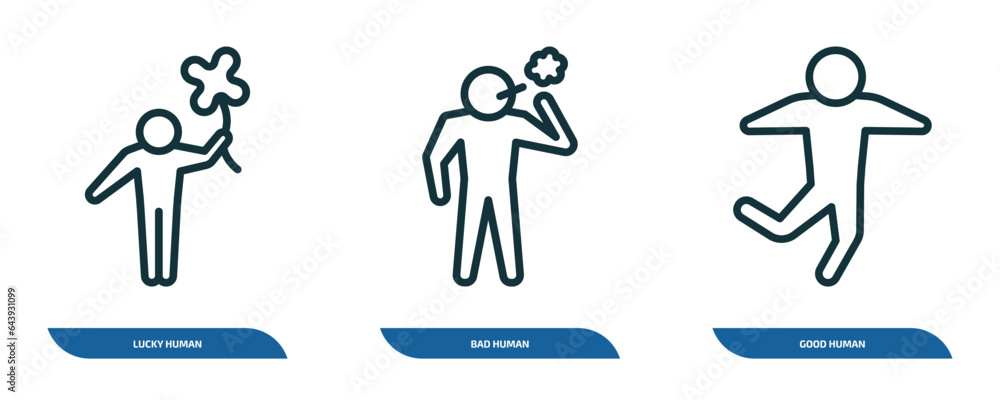 set of 3 linear icons from feelings concept. outline icons such as lucky human, bad human, good human vector set of 3 linear icons from feelings concept. outline icons such as lucky human, bad human, good human vector
