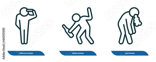 set of 3 linear icons from feelings concept. outline icons such as hopeless human, drunk human, sick human vector