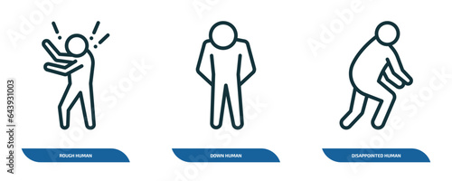 set of 3 linear icons from feelings concept. outline icons such as rough human, down human, disappointed human vector