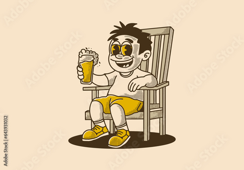 vintage illustration of a man sit on the chair and holding a glass of beer