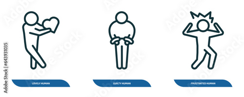 set of 3 linear icons from feelings concept. outline icons such as lovely human, guilty human, frustrated human vector