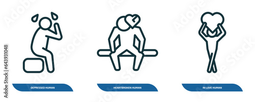 set of 3 linear icons from feelings concept. outline icons such as depressed human, heartbroken human, in love human vector