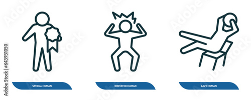 set of 3 linear icons from feelings concept. outline icons such as special human, irritated human, lazy human vector
