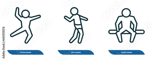 set of 3 linear icons from feelings concept. outline icons such as stupid human, sexy human, alone human vector