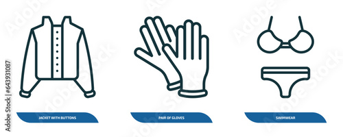 set of 3 linear icons from fashion collection. concept. outline icons such as jacket with buttons, pair of gloves, swimwear vector