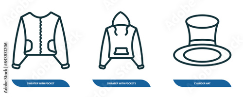 set of 3 linear icons from fashion concept. outline icons such as sweater with pocket, sweater with pockets, cylinder hat vector