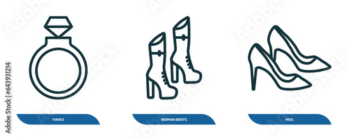 set of 3 linear icons from fashion concept. outline icons such as fiance, woman boots, heel vector