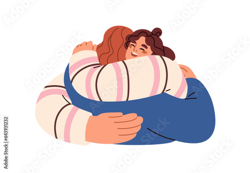 Happy women embracing. Excited girls glad to meet, welcoming with warm hug. Smiling female friends, sisters cuddling. Long-awaited reunion. Flat vector illustration isolated on white background
