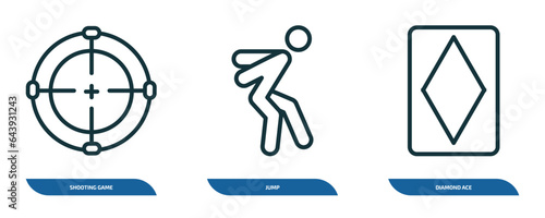 set of 3 linear icons from entertainment concept. outline icons such as shooting game, jump, diamond ace vector