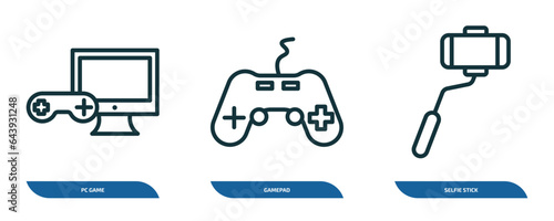 set of 3 linear icons from arcade concept. outline icons such as pc game, gamepad, selfie stick vector