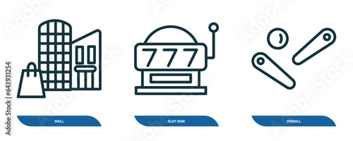 set of 3 linear icons from arcade concept. outline icons such as mall, slot hine, pinball vector