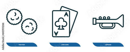 set of 3 linear icons from arcade concept. outline icons such as pom pom, card game, soprano vector