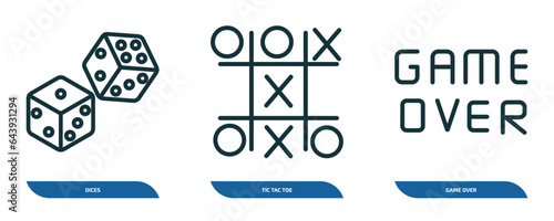 set of 3 linear icons from arcade concept. outline icons such as dices, tic tac toe, game over vector