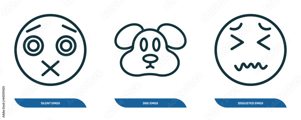 set of 3 linear icons from emoji concept. outline icons such as silent emoji, dog emoji, disgusted vector set of 3 linear icons from emoji concept. outline icons such as silent emoji, dog emoji, disgusted vector