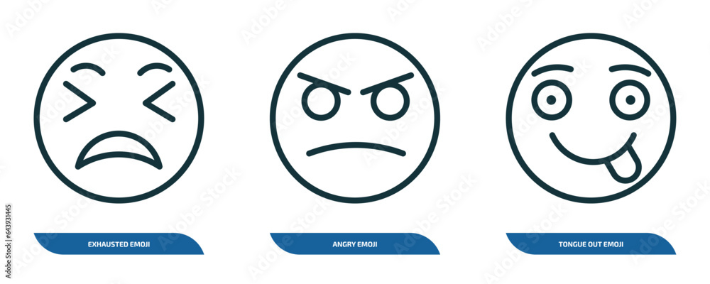 set of 3 linear icons from emoji concept. outline icons such as exhausted emoji, angry emoji, tongue out vector set of 3 linear icons from emoji concept. outline icons such as exhausted emoji, angry emoji, tongue out vector