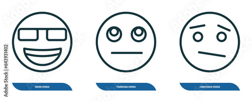 set of 3 linear icons from emoji concept. outline icons such as nerd emoji, thinking emoji, confused vector