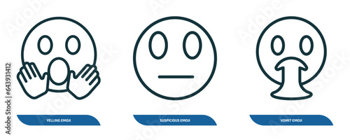 set of 3 linear icons from emoji concept. outline icons such as yelling emoji, suspicious emoji, vomit vector