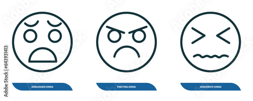 set of 3 linear icons from emoji concept. outline icons such as anguished emoji, pouting emoji, desperate vector