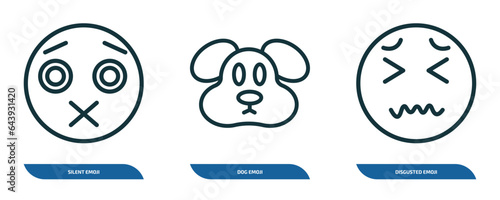 set of 3 linear icons from emoji concept. outline icons such as silent emoji, dog emoji, disgusted vector