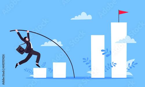 Businessman jumps pole vault over graph bars flat style design vector illustration business concept. Business growth and goal achievement concept.